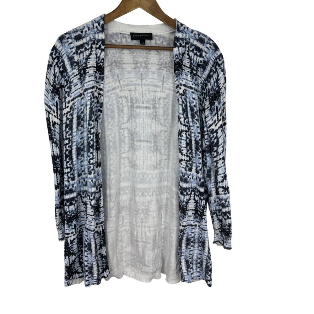 Lane Bryant Women's Open Front Cardigan Blue & Black Tie-Dye‎ Pattern Size 14/16
